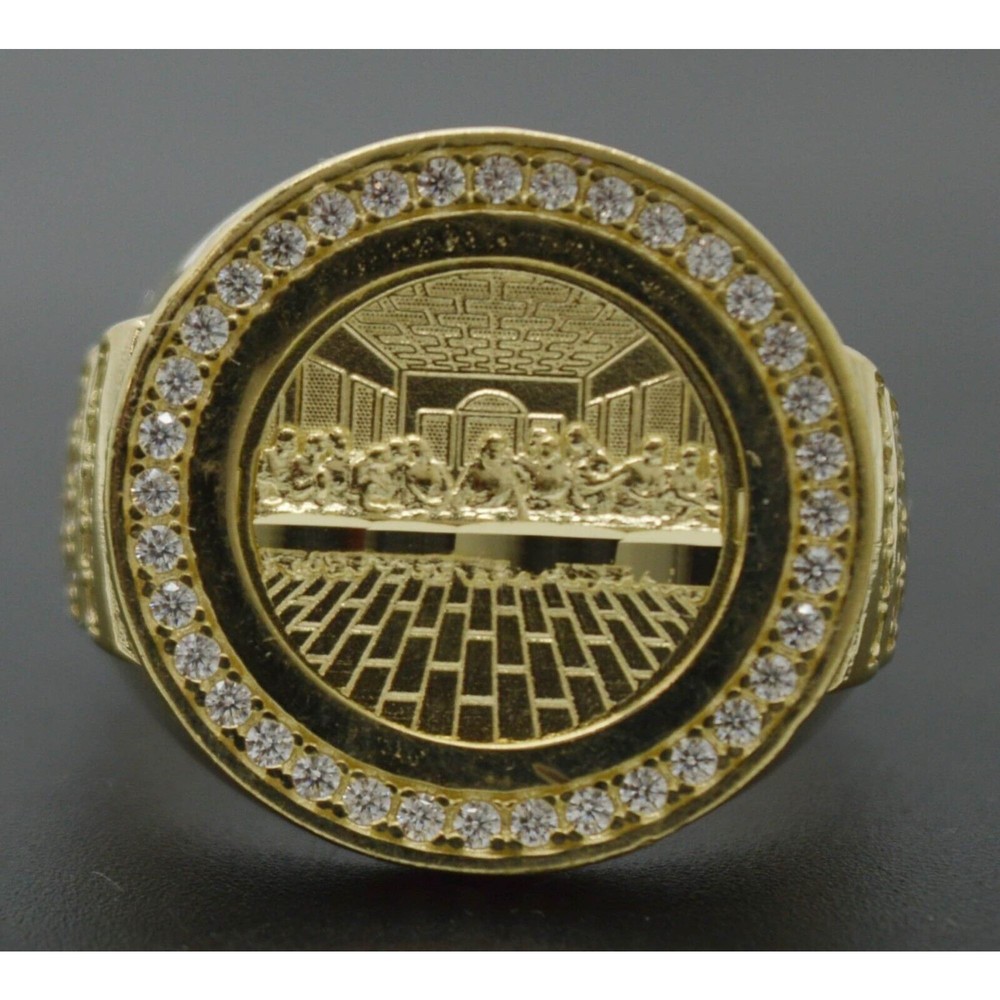 Real Solid 10K Yellow Gold Mens CZ Last Supper Head Ring 17.5mm ALL Sizes